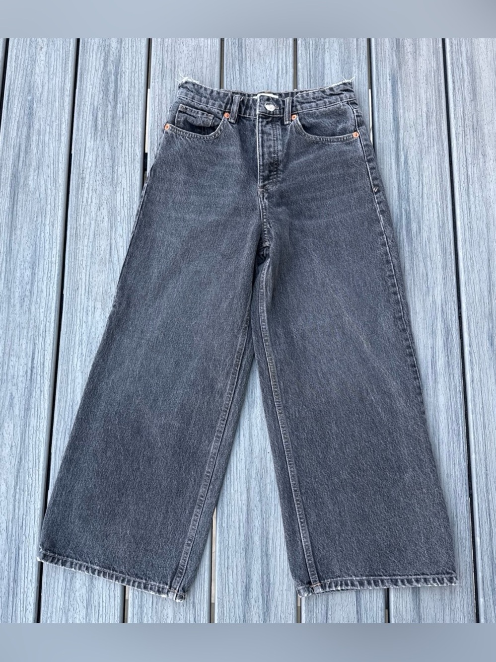 Zara Wide Leg Cropped Black Gray Denim Jeans 4